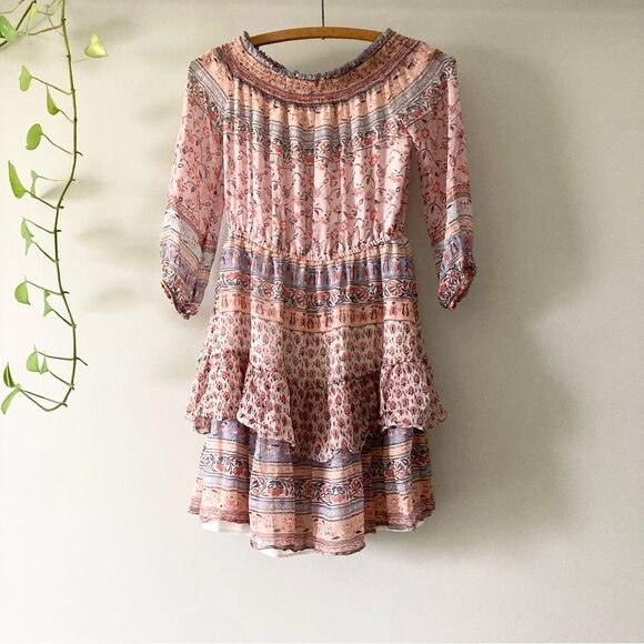 Shoshanna Silk Chiffon Boho Print Off the Shoulder Tiered Mini Dress 2‎ - Picture 4 of 5